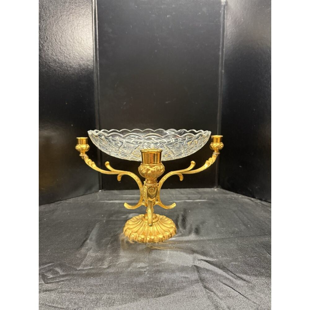 Val St Lambert SIGNED Crystal Bowl With candle sticks 24 Kt Italy Heavy!